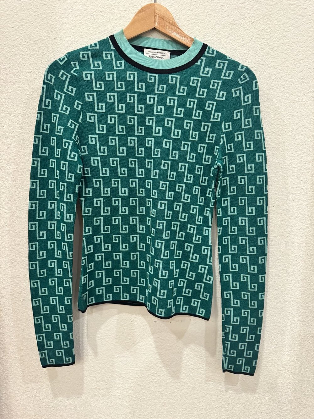 & Other Stories Teal Green Monogram Jacquard Knit Sweater Viscose Blend S/M